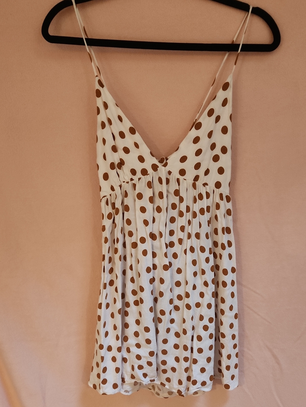 Zara White Spaghetti Strap Cami with Brown Polka Dots
